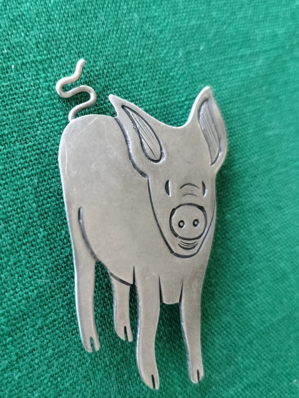 Whimsical Sterling Pig Brooch Pin - Oinker- Pigtail -Farm Pet-Curly Tail- Snout-